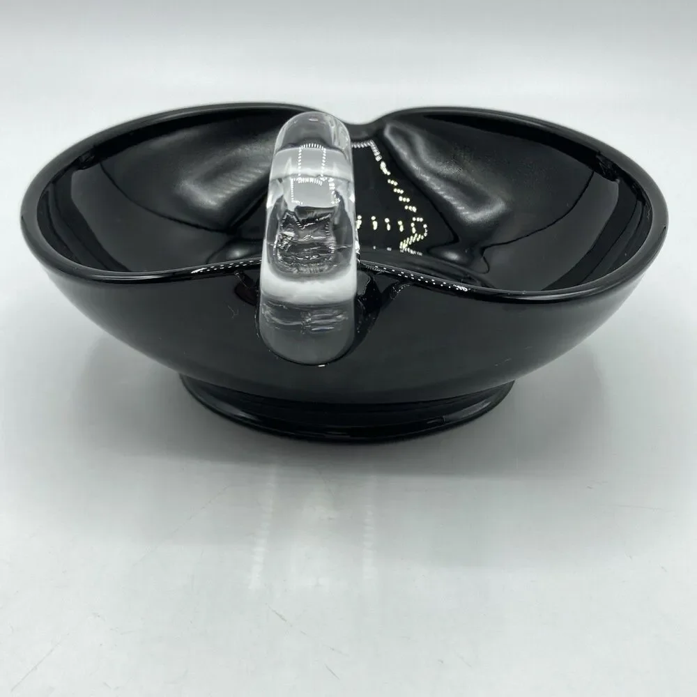 Vtg Black Glass Heart Candy Trinket Nappy Dish Applied Clear Loop Handle 6.25”